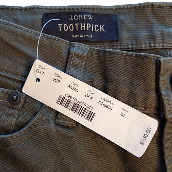 NWT J. Crew Toothpick Ankle Cropped Green Jeans with Red‎/White Trim, Size 26 - Picture 6 of 8